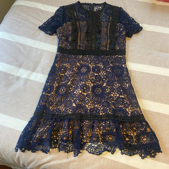 EUC Aqua Navy Crochet Lace Mini Dress | Stunning Detail, Perfect for Events Sz M - Picture 3 of 6